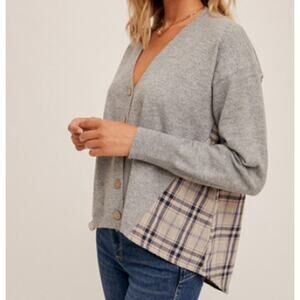 Hem Thread Cardigan Sweater Womens Small Grey Plaid Button Grandpa Grunge Preppy